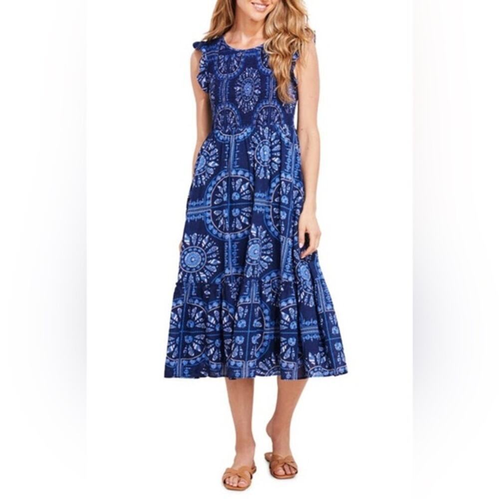 Vineyard Vines Scarf Print Blue Smocked Midi Dress Deep Bay Small